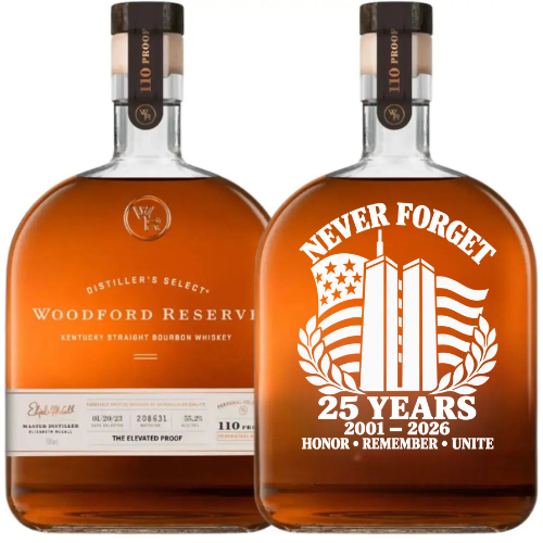 Load image into Gallery viewer, Displayed are two Woodford Reserve bourbon bottles: one presents the traditional label, while the other is the Woodford Reserve 110 Proof 9/11 Never Forget 25th Anniversary Memorial Edition. This special release features a hand-painted design with “Never Forget,” “25 Years, 2001-2026,” vibrantly illustrated twin towers, an American flag, and detailed stars. The powerful tribute is completed by “Honor Remember Unite” at the base, making this commemorative bottle from Woodford Reserve especially meaningful.
