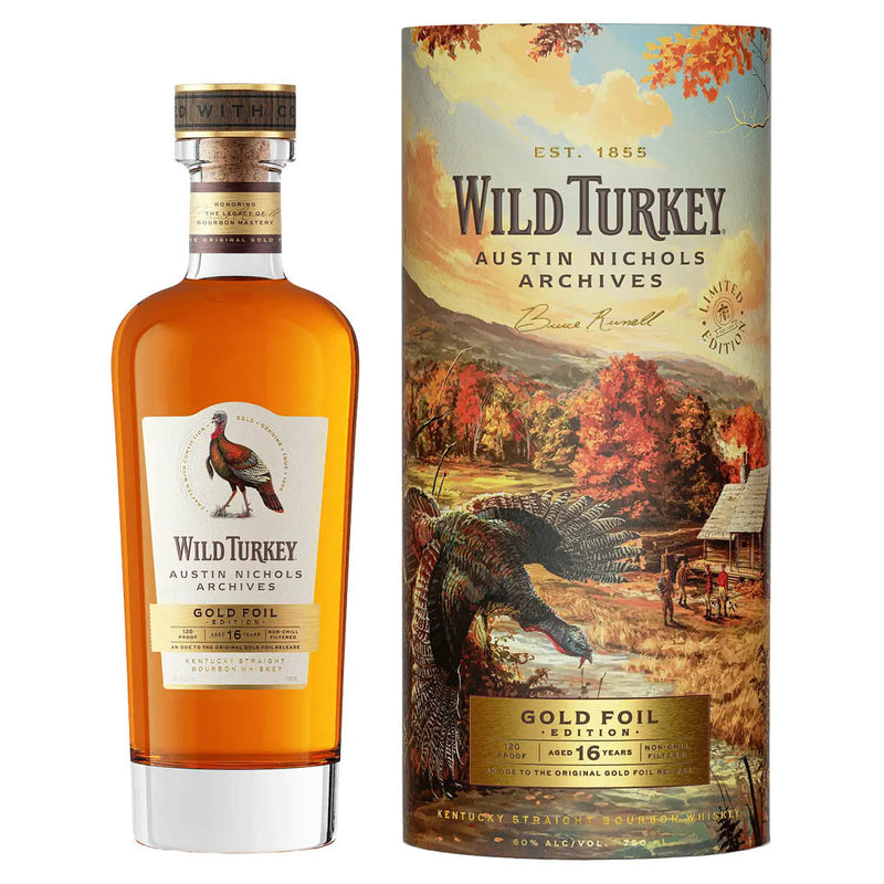 Load image into Gallery viewer, A bottle of Wild Turkey Austin Nichols Archives Gold Foil Edition 16 Year Old Bourbon stands beside its vibrant box, featuring a wild turkey and autumn scenery, highlighting this limited edition release from Wild Turkey.
