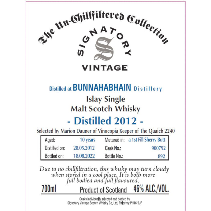 Signatory The Unchillfiltered Collection 2012 Bunnahabhain 10 Year Old